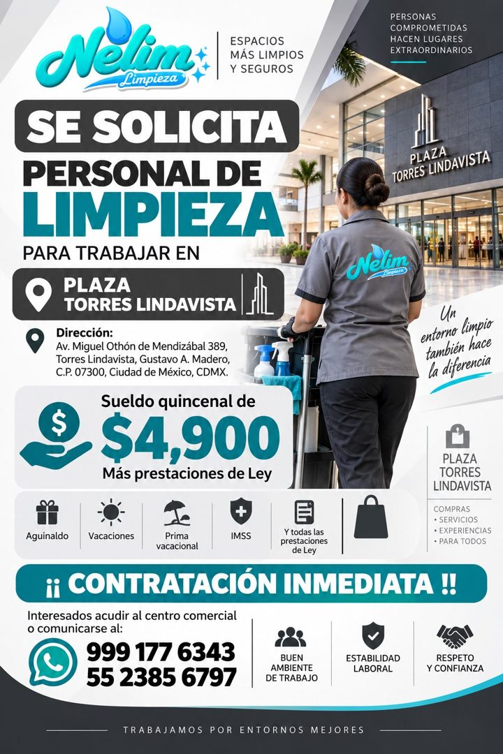 Banner del anuncio de la vacante: Nelims: · ESPACIOS · MÁS LIMPIOS · Y SEGUROS · Limpieza · SE SOLICITA · PERSONAL DE · LIMPIEZA · PARA TRABAJAR EN · PLAZA · TORRES LINDAVIST