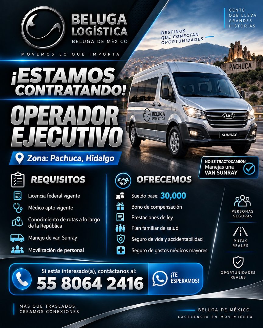 Banner del anuncio de la vacante: BELUGA · LOGÍSTICA · BELUGA DE MÉXICO · MOVEMOS LO QUE IMPORTA · ¡ESTAMOS · CONTRATANDO! · OPERADOR · EJECUTIVO · Zona: Pachuca, Hidalgo · G