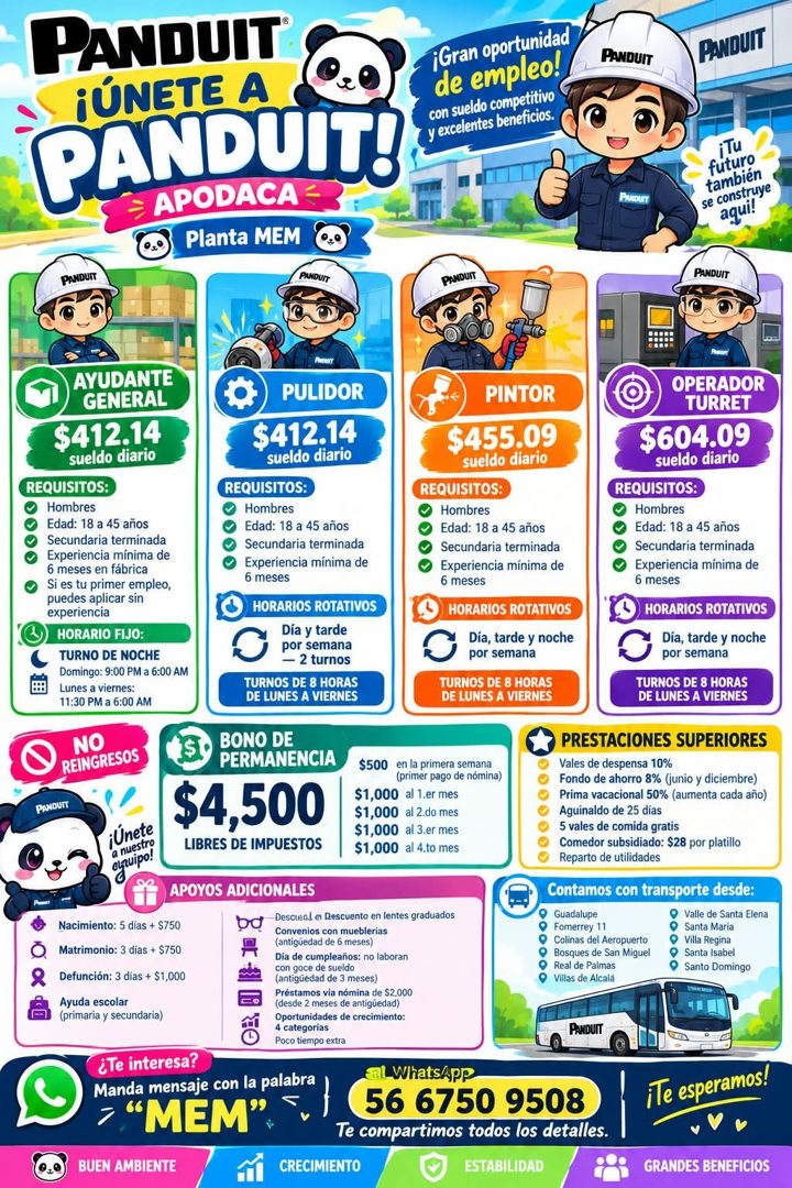 Banner del anuncio de la vacante: PANDUIT · ¡Gran oportunidad · ¡ÚNETE A · de empleo! · PANDUIT! · con sueldo competitivo · y excelentes beneficios. · ÷ APODACA = · Planta ME