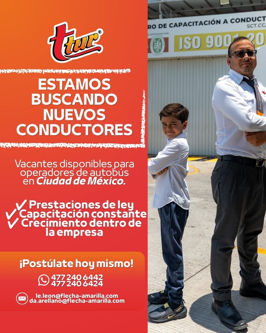 Banner del anuncio de la vacante: thie · ESTAMOS · BUSCANDO · NUEVOS · CONDUCTORES · Vacantes disponibles para · operadores de autobús · en Ciudad de México. · Prestaciones d