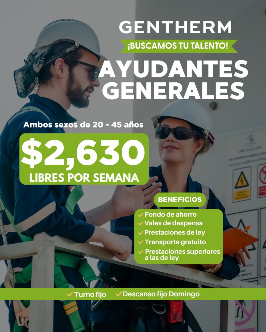 Banner del anuncio de la vacante: GENTHERM · ¡BUSCAMOS TU TALENTO! · AYUDANTES · GENERALES · Ambos sexos de 20 - 45 años · $2,630 · LIBRES POR SEMANA · BENEFICIOS · Fondo de 
