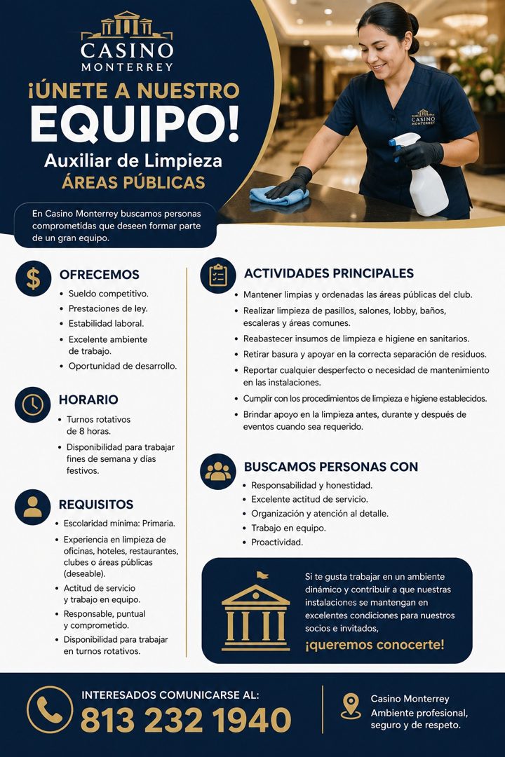 Banner del anuncio de la vacante: CASINO · MONTERREY · ¡UNETE A NUESTRO · EQUIPO! · Auxiliar de Limpieza · ÁREAS PÚBLICAS · CONFINE · En Casino Monterrey buscamos personas · 