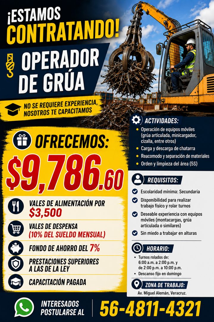Banner del anuncio de la vacante: ¡ESTAMOS · CONTRATANDO! · OPERADOR · DE GRUA · NO SE REQUIERE EXPERIENCIA, · NOSOTROS TE CAPACITAMOS · OFRECEMOS: · $9,786.60 · VALES DE ALI