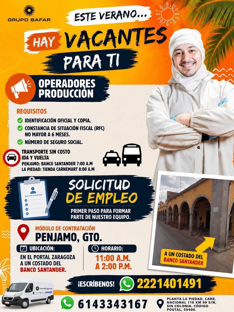Banner del anuncio de la vacante: 10 · 10 · 2 · GRUPO BAFAR · HAY · ESTE VERANO.. · VACANTES · PARA TI · OPERADORES · PRODUCCION · REQUISITOS · IDENTIFICACIÓN OFICIAL Y COPIA