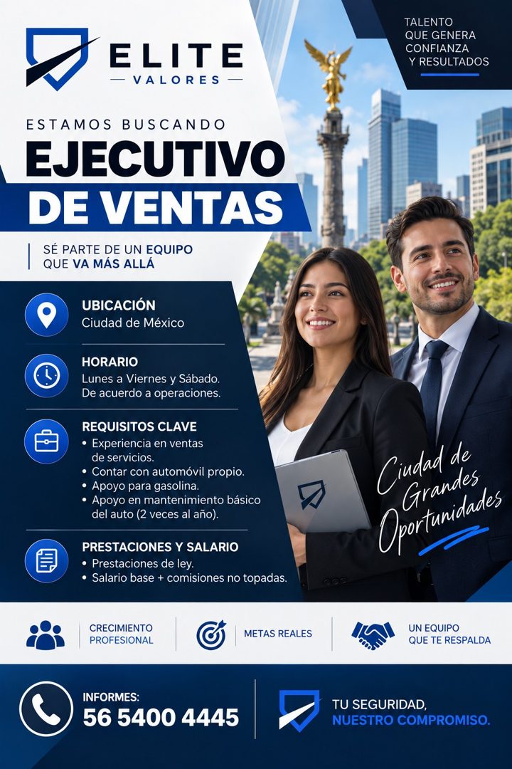 Banner del anuncio de la vacante: ELITE · - VALORES - · TALENTO · QUE GENERA · CONFIANZA · Y RESULTADOS · ESTAMOS BUSCANDO · EJECUTIVO · DE VENTAS · SE PARTE DE UN EQUIPO · Q