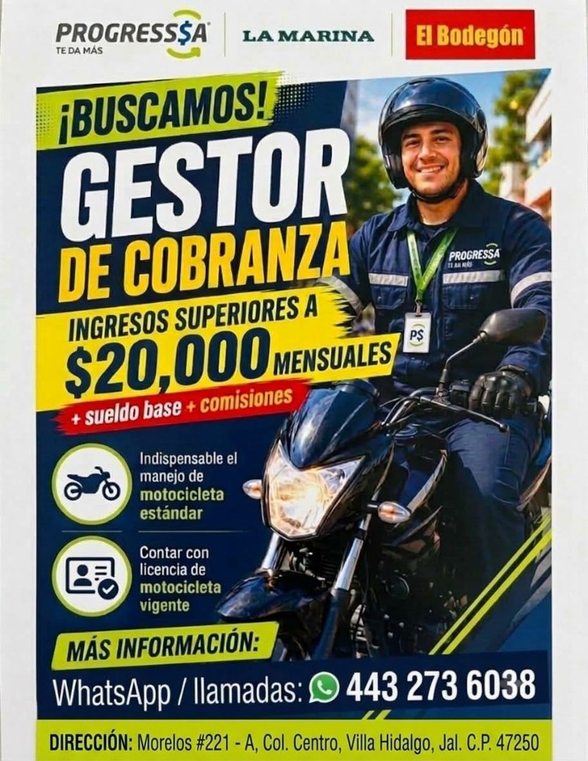 Banner del anuncio de la vacante: PROGRESS$A · TE DA MÁS · LA MARINA · El Bodegón · ¡BUSCAMOS! · GESTOR · DE COBRANZA · INGRESOS SUPERIORES A · $20,000 MENSUALES · + sueldo b