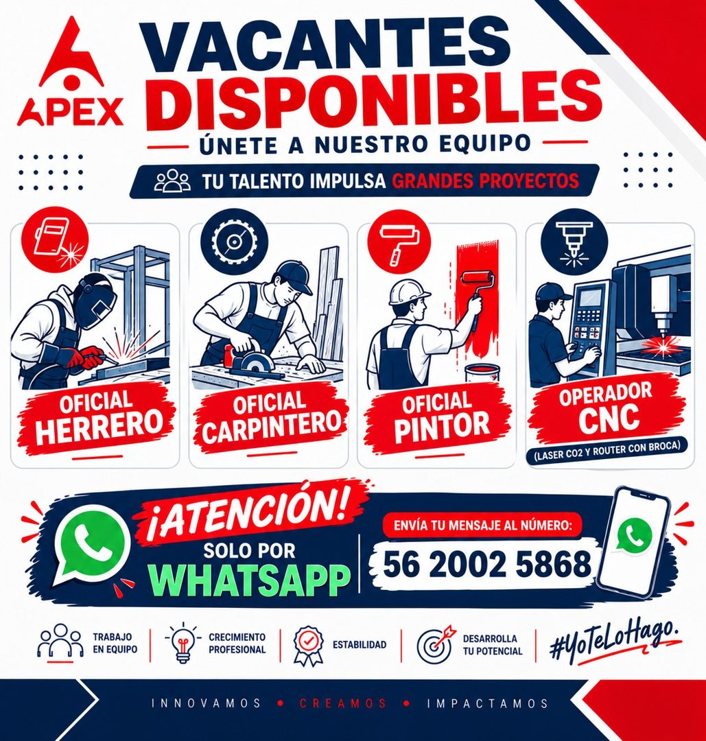Banner del anuncio de la vacante: APEX · VACANTES · DISPONIBLES · ÚNETE A NUESTRO EQUIPO · TU TALENTO IMPULSA GRANDES PROYECTOS · OFICIAL · HERRERO · TRABAJO · EN EQUIPO · OF