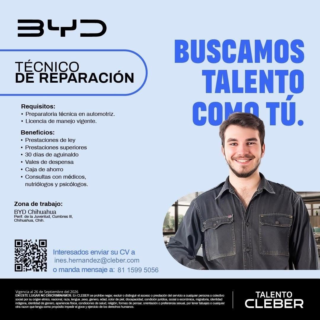 Banner del anuncio de la vacante: TÉCNICO · DE REPARACIÓN · BUSCAMOS · TALENTO · COMA TÚ. · Requisitos: · • Preparatoria técnica en automotriz. · • Licencia de manejo vigente