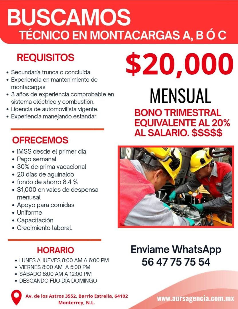 Banner del anuncio de la vacante: BUSCAMOS · TÉCNICO EN MONTACARGAS A, BÓ C · REQUISITOS · • Secundaría trunca o concluida. · • Experiencia en mantenimiento de · montacargas 