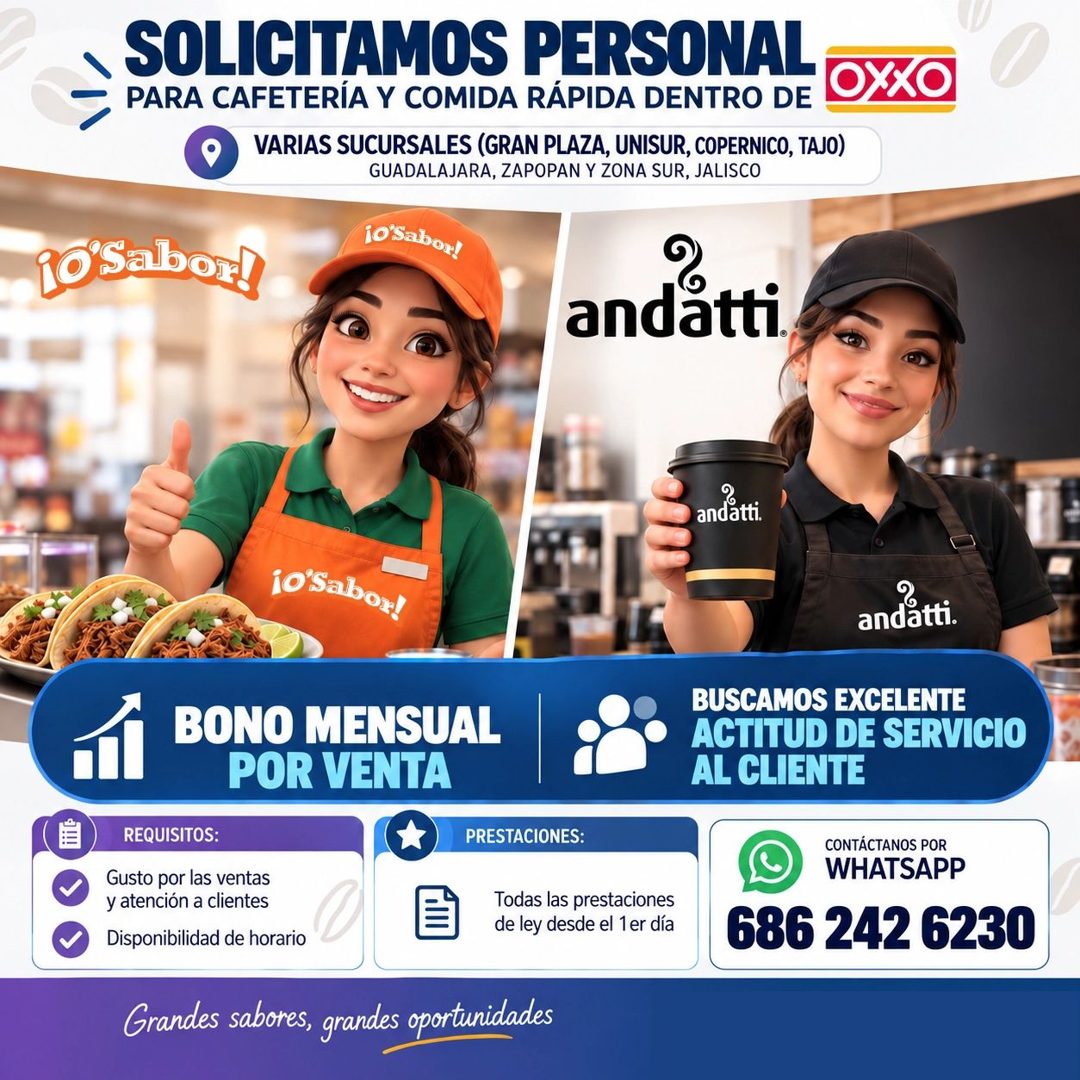 Banner del anuncio de la vacante: SOLICITAMOS PERSONAL · PARA CAFETERÍA Y COMIDA RÁPIDA DENTRO DE · VARIAS SUCURSALES (GRAN PLAZA, UNISUR, COPERNICO, TAJO) · GUADALAJARA, ZAP