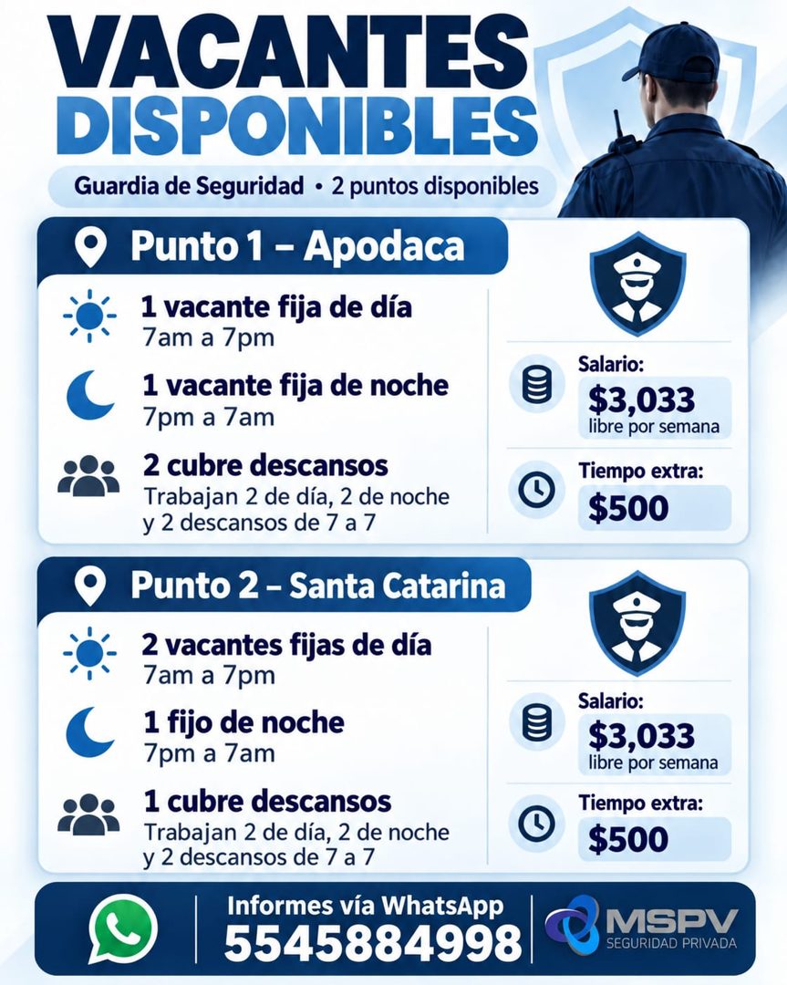 Banner del anuncio de la vacante: VACANTES · DISPONIBLES · Guardia de Seguridad • 2 puntos disponibles · Punto 1 - Apodaca · 1 vacante fija de día · 7am a 7pm · 1 vacante fij