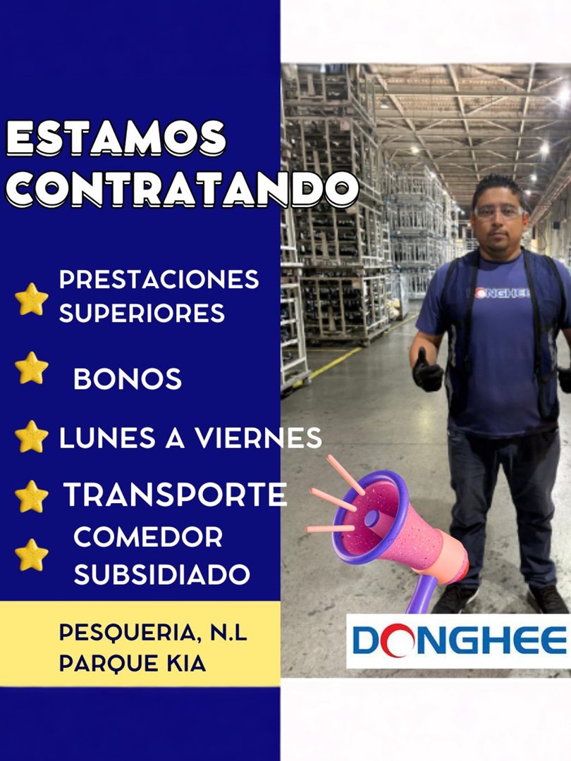 Banner del anuncio de la vacante: ESTAMOS · CONTRATANDO · PRESTACIONES · SUPERIORES · BONOS · LUNES A VIERNES · TRANSPORTE · COMEDOR · SUBSIDIADO · PESQUERIA, N.L · PARQUE KI