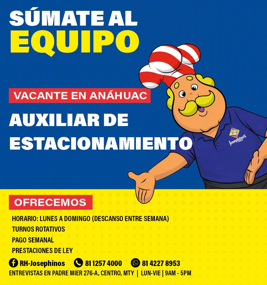 Banner del anuncio de la vacante: SUMATE AL · EQUIPO · VACANTE EN ANÁHUAC · AUXILIAR DE · ESTACIONAMIENTO · OFRECEMOS · HORARIO: LUNES A DOMINGO (DESCANSO ENTRE SEMANA) · TUR
