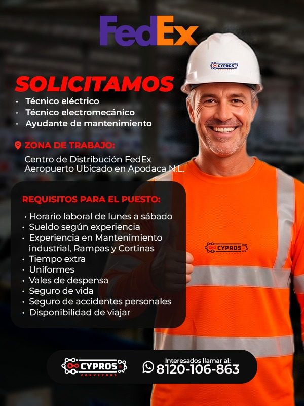 Banner del anuncio de la vacante: FedEx · & CYPROSS · SOLICITAMOS · - Técnico eléctrico · - Técnico electromecánico · - Ayudante de mantenimiento · 0 ZONA DE TRABAJO: · Centr