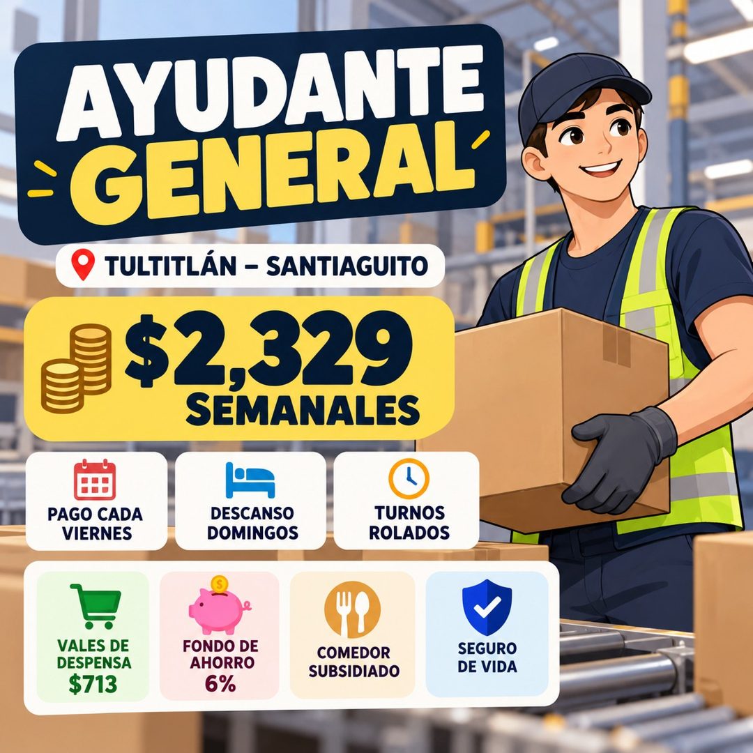 Banner del anuncio de la vacante: AYUDANTE · - GENERAL · TULTITLÁN - SANTIAGUITO · $2,329 · SEMANALES · PAGO CADA · VIERNES · DESCANSO · DOMINGOS · TURNOS · ROLADOS · VALES D