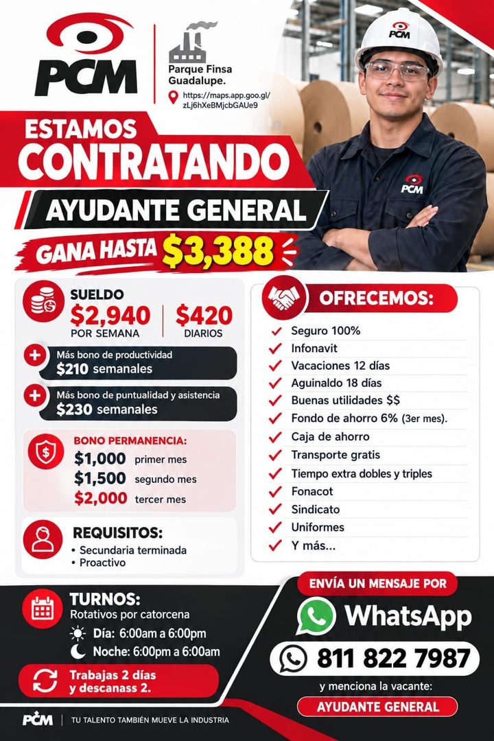 Banner del anuncio de la vacante: PCM · PCM · Parque Finsa · Guadalupe. · https://maps.app.goo.gl/ · zLj6hXeBMjcbGAUe9 · ESTAMOS · CONTRATANDO · AYUDANTE GENERAL · GANA HASTA