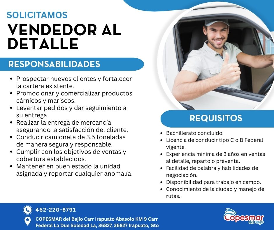 Banner del anuncio de la vacante: SOLICITAMOS · VENDEDOR AL · DETALLE · RESPONSABILIDADES · • Prospectar nuevos clientes y fortalecer · la cartera existente. · • Promocionar 