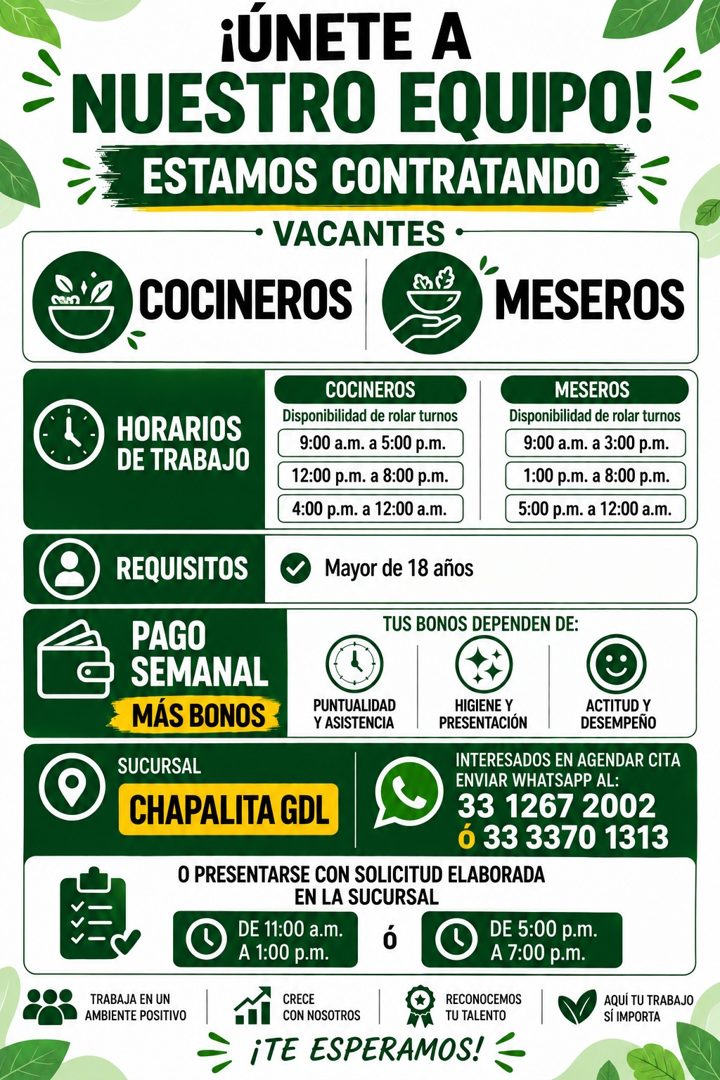 Banner del anuncio de la vacante: ¡ÚNETE A · NUESTRO EQUIPO! · ESTAMOS CONTRATANDO · • VACANTES • · COCINEROS · MESEROS · HORARIOS · DE TRABAJO · COCINEROS · Disponibilidad d