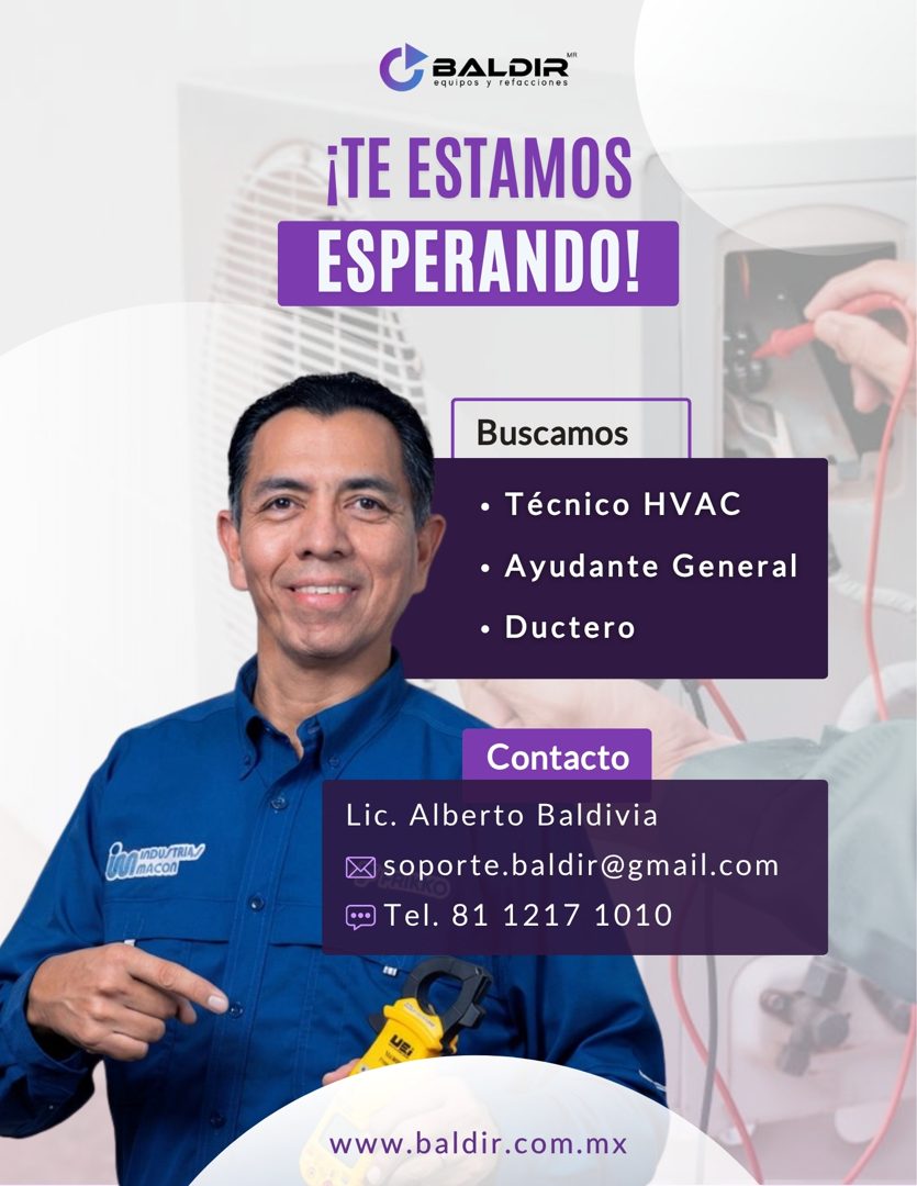 Banner del anuncio de la vacante: CaALOIR · equipos y refacciones · ¡TE ESTAMOS · ESPERANDO! · Buscamos · • Técnico HVAC · • Ayudante General · • Ductero · Contacto · Lic. Al