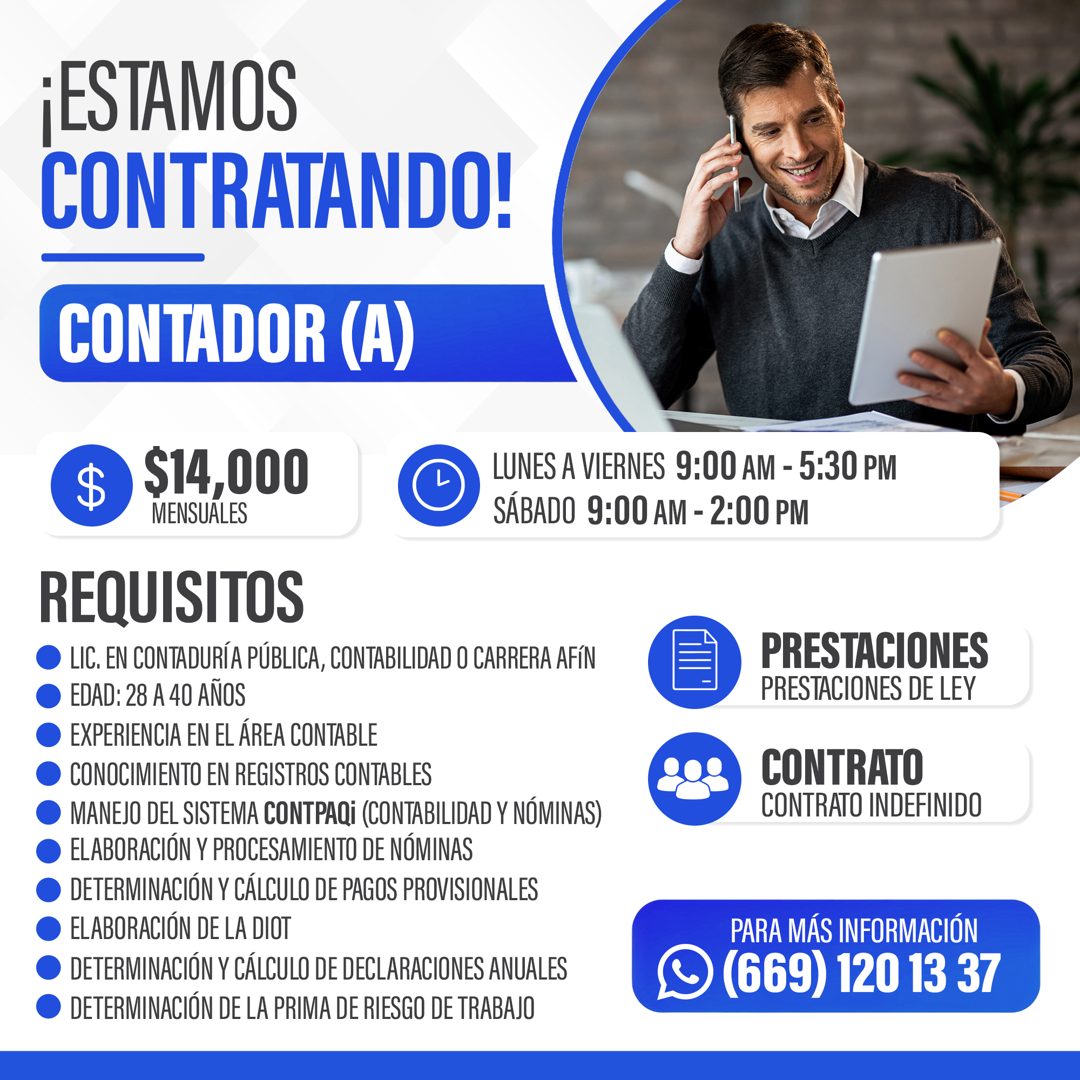 Banner del anuncio de la vacante: ¡ESTAMOS · CONTRATANDO! · CONTADOR (A) · $14,000 · MENSUALES · REQUISITOS · LIC. EN CONTADURÍA PÚBLICA, CONTABILIDAD O CARRERA AFÍN · EDAD: 