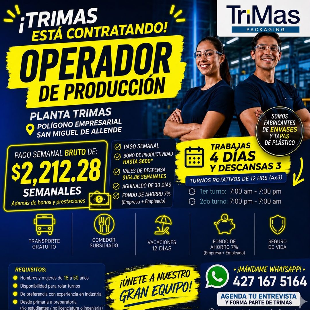 Banner del anuncio de la vacante: ¡TRIMAS · ESTÁ CONTRATANDO! · OPERADOR · DE PRODUCCIÓN · PLANTA TRIMAS · POLÍGONO EMPRESARIAL · SAN MIGUEL DE ALLENDE · TriMas · PACKAGING ·