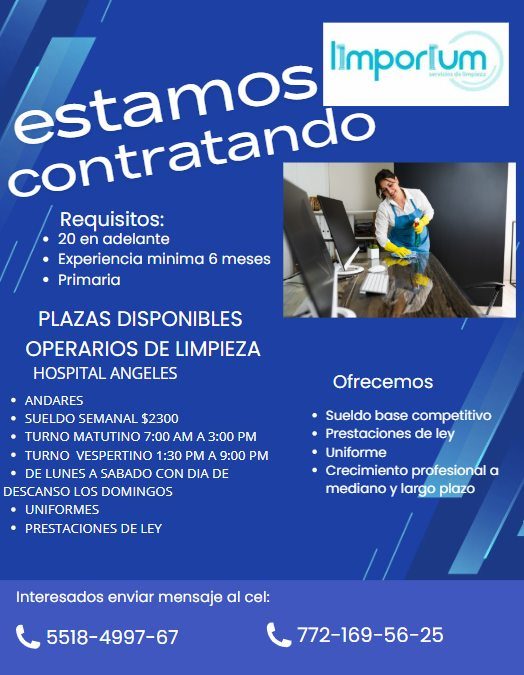 Banner del anuncio de la vacante: estamos · limporium · contratando · Requisitos: · • 20 en adelante · • Experiencia minima 6 meses · • Primaria · PLAZAS DISPONIBLES · OPERAR