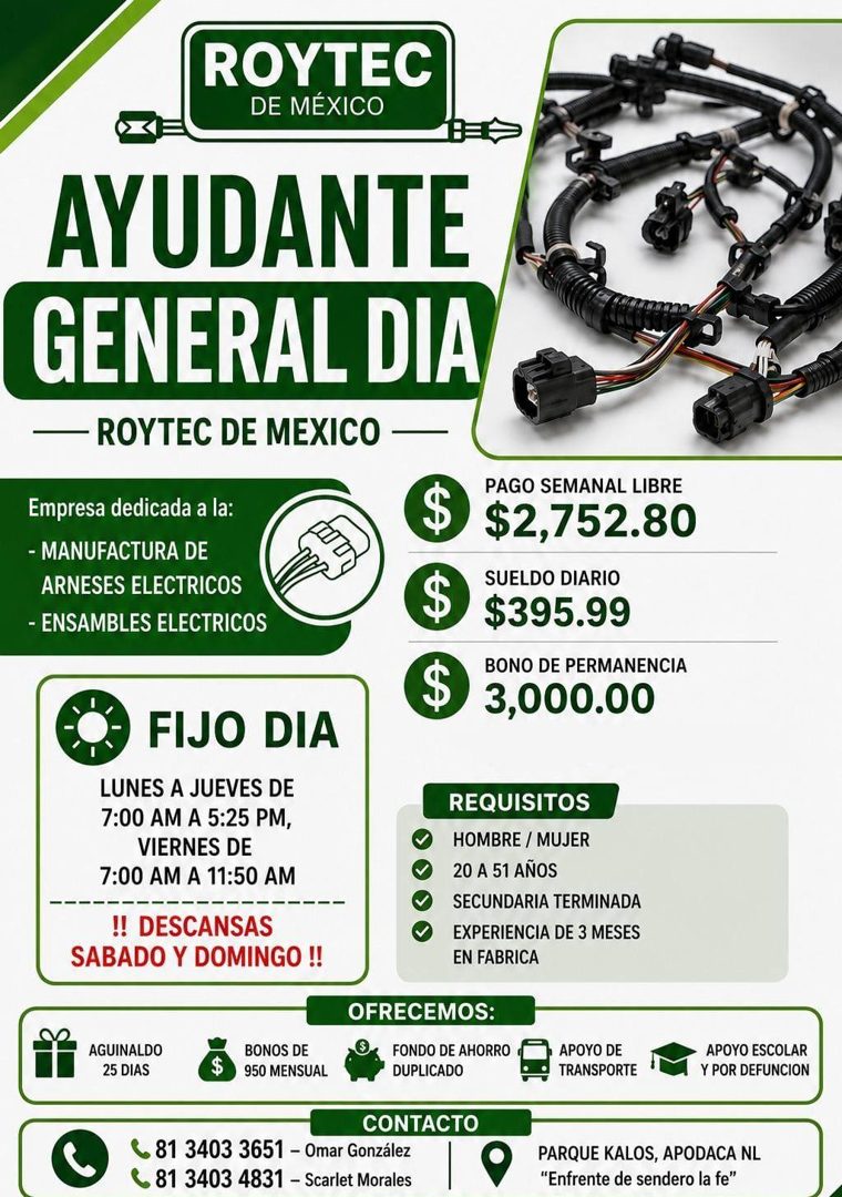 Banner del anuncio de la vacante: ROYTEC · DE MÉXICO · AYUDANTE · GENERAL DIA · - ROYTEC DE MEXICO - · Empresa dedicada a la: · - MANUFACTURA DE · ARNESES ELECTRICOS · - ENSA