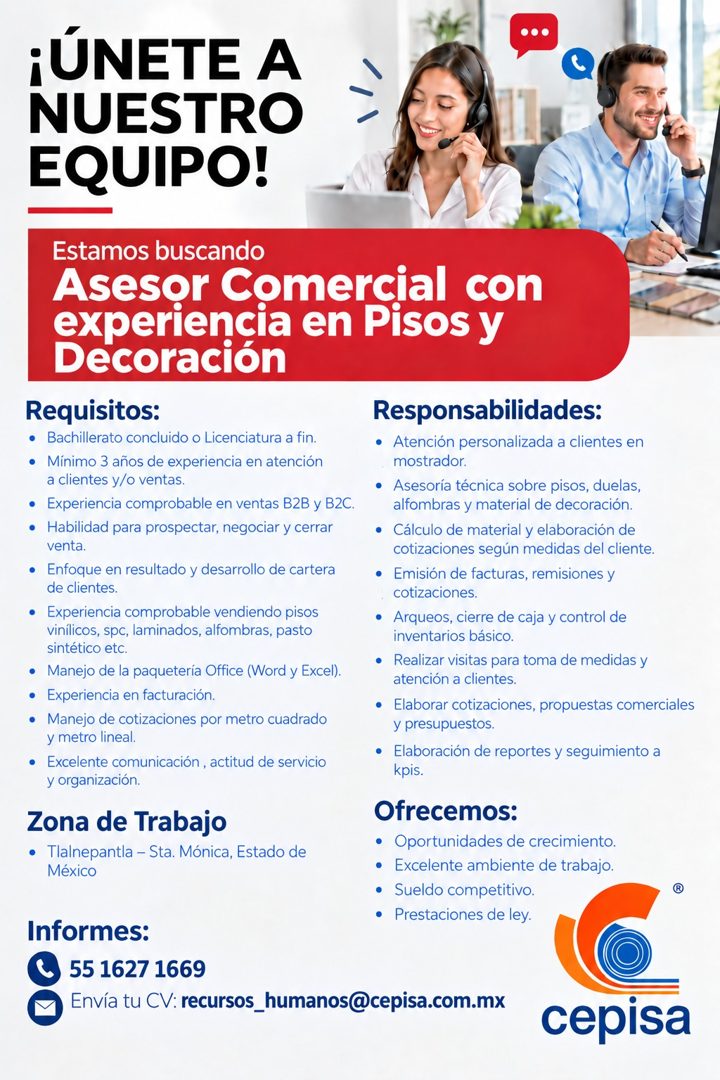 Banner del anuncio de la vacante: ¡ÚNETE A · NUESTRO · EQUIPO! · Estamos buscando · Asesor Comercial con · experiencia en Pisos y · Decoración · Requisitos: · • Bachillerato 