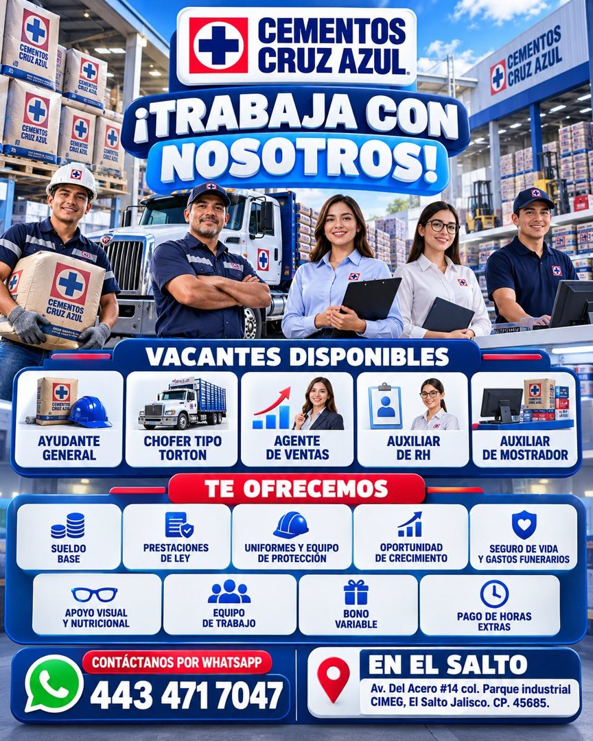 Banner del anuncio de la vacante: CEMENTOS · CRUZ AZUL · + · CEMENTOS · CRUZ AZUL · CEMENTOS · CRUZ ANA · CEMENTOS · CRUZ AIDA · CEMENTOS · CRUZ AZUL. · ¡TRABAJA CON · NOSOTR