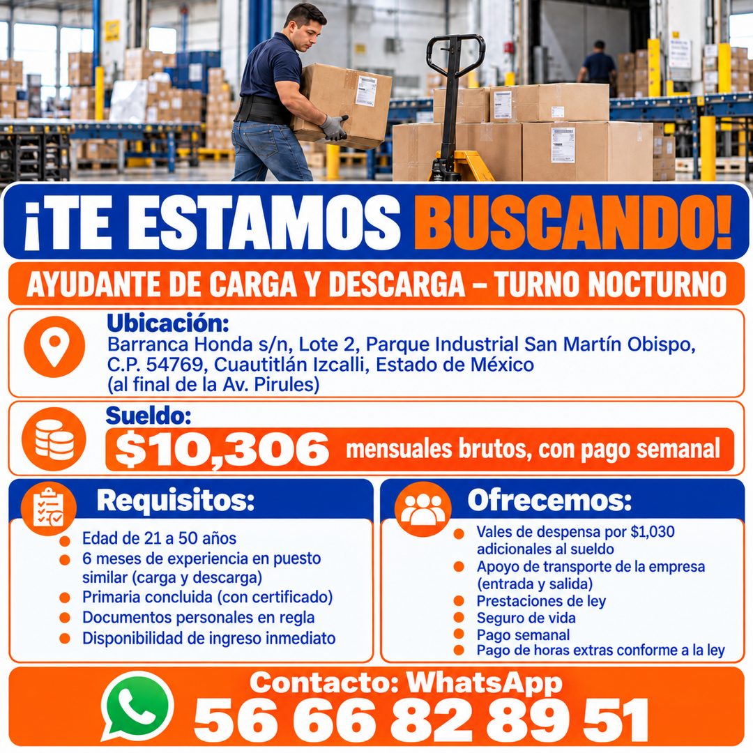 Banner del anuncio de la vacante: ETE ESTAMOS BUSCANDO! · AYUDANTE DE CARGA Y DESCARGA - TURNO NOCTURNO · Ubicación: · Barranca Honda s/n, Lote 2, Parque Industrial San Martí