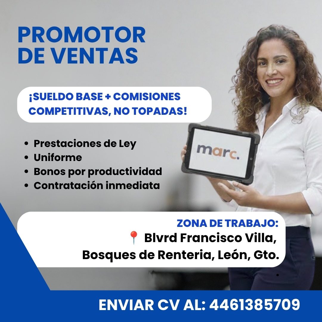Banner del anuncio de la vacante: PROMOTOR · DE VENTAS · ¡SUELDO BASE + COMISIONES · COMPETITIVAS, NO TOPADAS! · • Prestaciones de Ley · • Uniforme · • Bonos por productivida