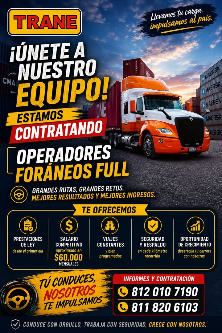 Banner del anuncio de la vacante: TRANE · Llevamos tu carga, · impulsamos al pais. · ¡ÚNETE A · NUESTRO · CMA · EQUIPO! · ESTAMOS · CONTRATANDO · tex · AERS · MAERSK · AERSK 