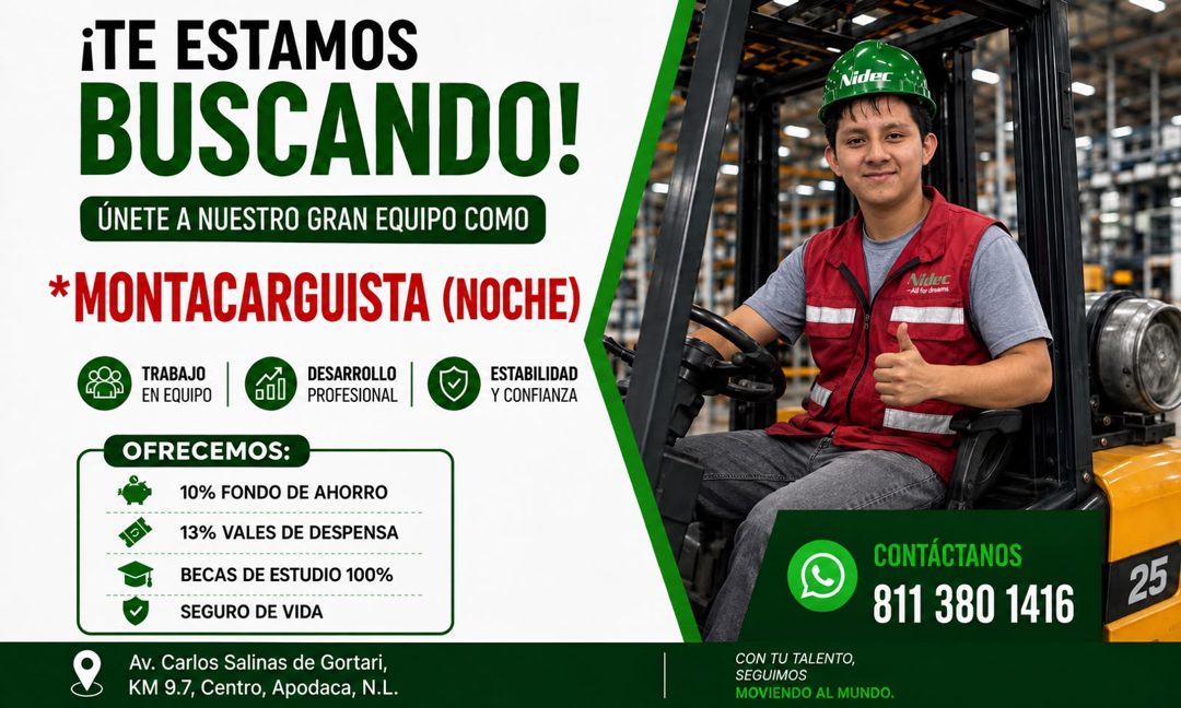 Banner del anuncio de la vacante: ¡TE ESTAMOS · BUSCANDO! · ÚNETE A NUESTRO GRAN EQUIPO COMO · *MONTACARGUISTA (NOCHE) · TRABAJO · EN EQUIPO · • 0 · DESARROLLO · PROFESIONAL 