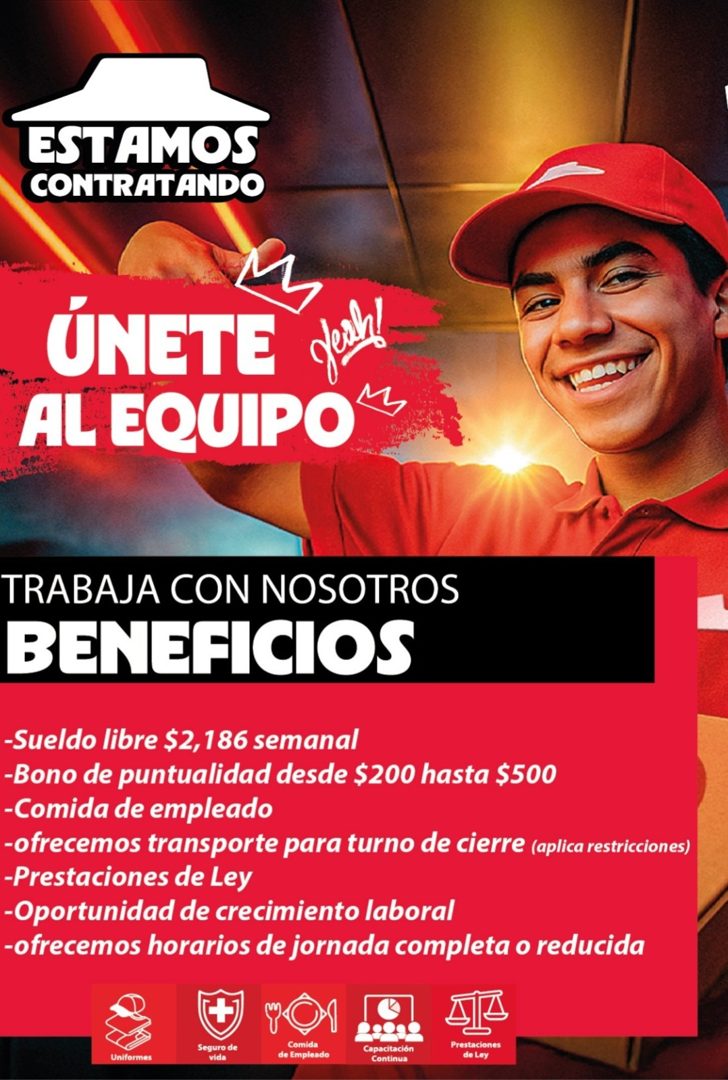 Banner del anuncio de la vacante: ESTAMOS · CONTRATANDO · ÚNETE dobl · AL EQUIPO" · TRABAJA CON NOSOTROS · BENEFICIOS · -Sueldo libre $2,186 semanal · -Bono de puntualidad de
