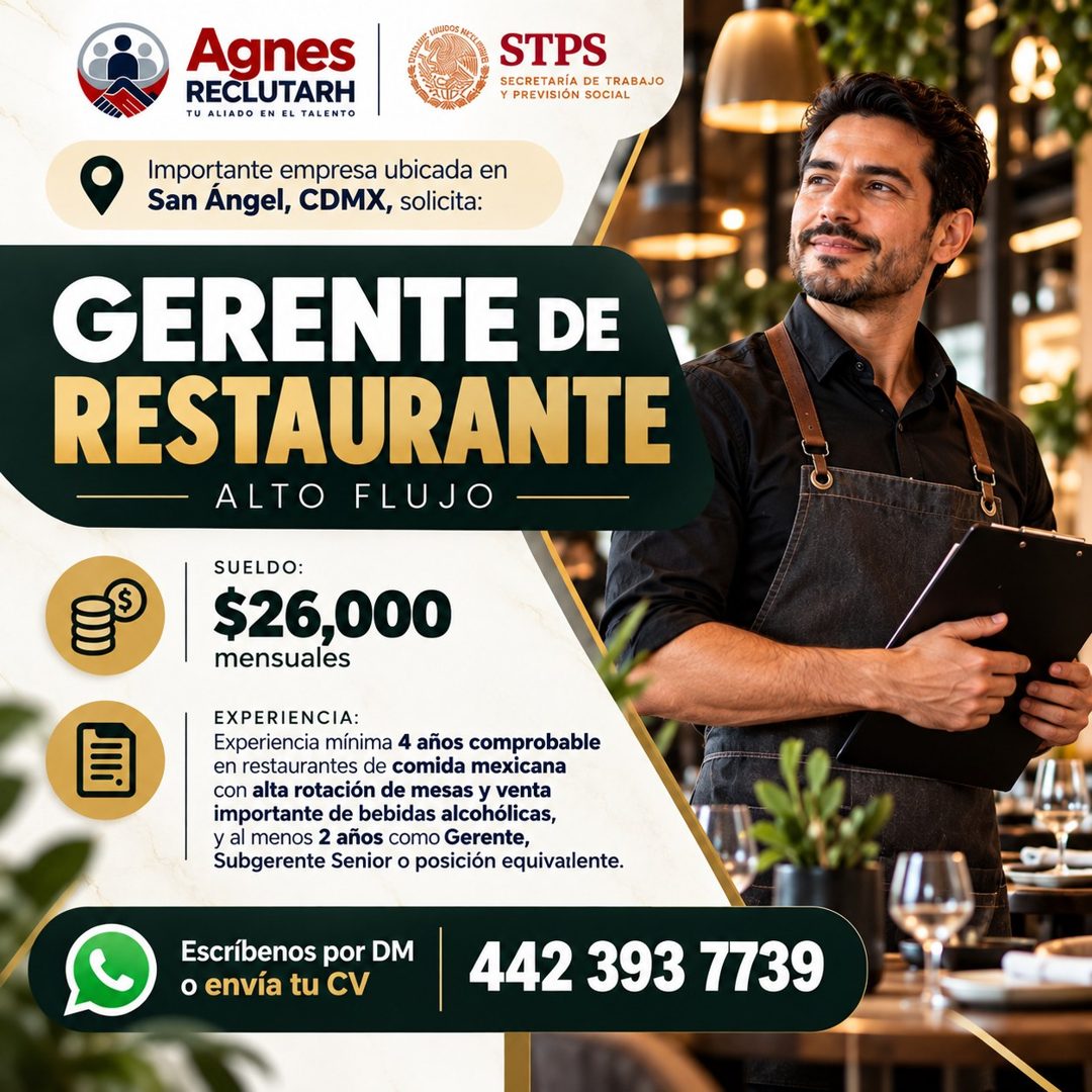 Banner del anuncio de la vacante: Agnes · RECLUTARH · TU ALIADO EN · EL TALENTO · Importante empresa ubicada en · San Ángel, CDMX, solicita: · STPS · SECRETARÍA DE TRABAJO · 