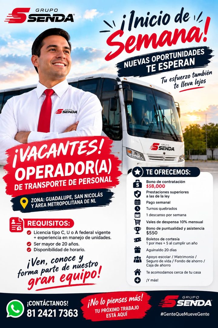 Banner del anuncio de la vacante: GRUPO · SENDA · simona! · NUEVAS OPORTUNIDADES · TE ESPERAN · Tu esfuerzo también · te lleva lejos · S SENDA · ¡VACANTES! · OPERADOR(A) · DE