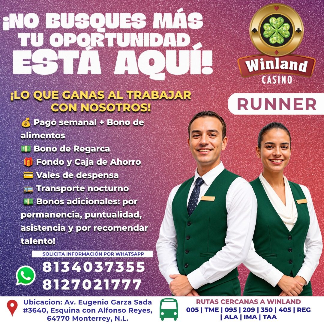 Banner del anuncio de la vacante: iNO BUSQUES MÁS · TU OPORTUNIDAD · ESTÁ AQUÍ! · ¡LO QUE GANAS AL TRABAJAR · CON NOSOTROS! · $ · Pago semanal + Bono de · alimentos · • Bono 