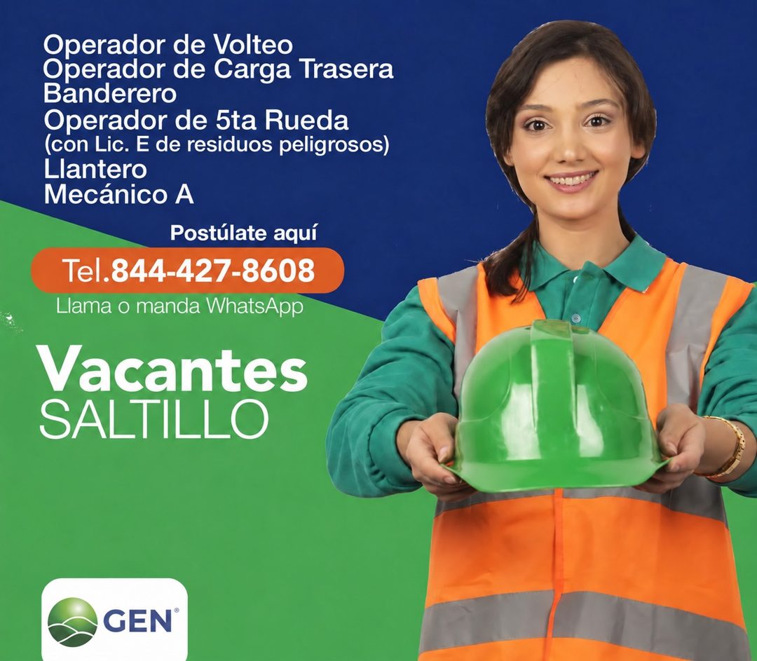 Banner del anuncio de la vacante: Operador de Volteo · Operador de Carga Trasera · Banderero · Operador de 5ta Rueda · (con Lic. E de residuos peligrosos) · Llantero · Mecáni