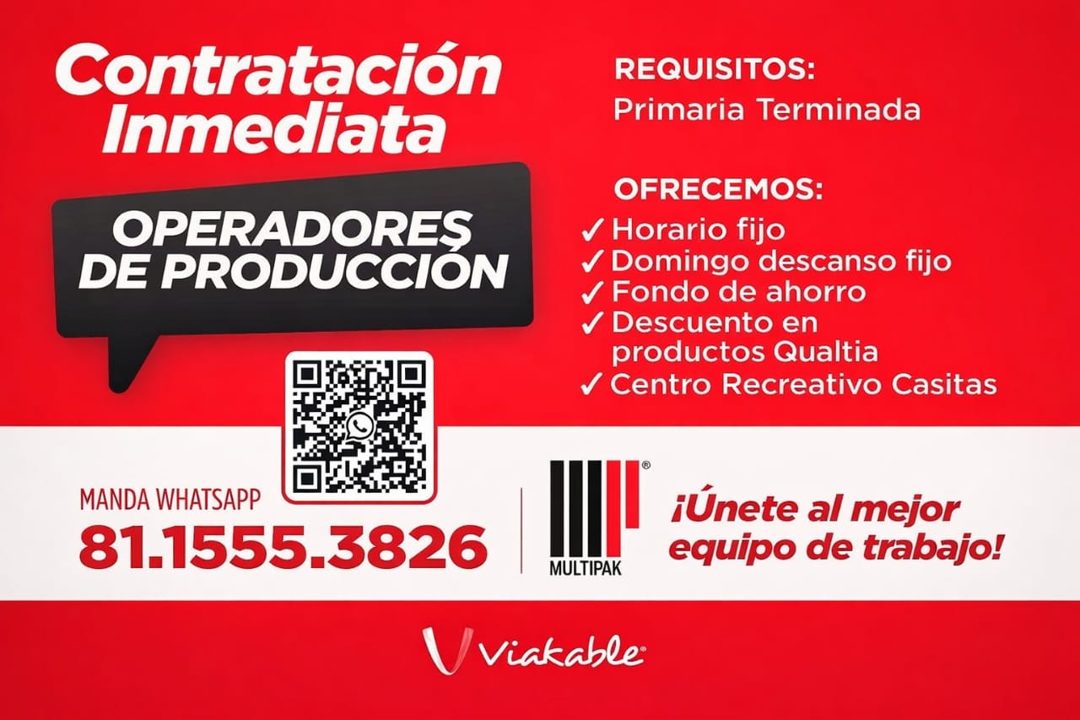 Banner del anuncio de la vacante: Contratación · Inmediata · OPERADORES · DE PRODUCCION · REQUISITOS: · Primaria Terminada · OFRECEMOS: · / Horario fijo · / Domingo descanso 
