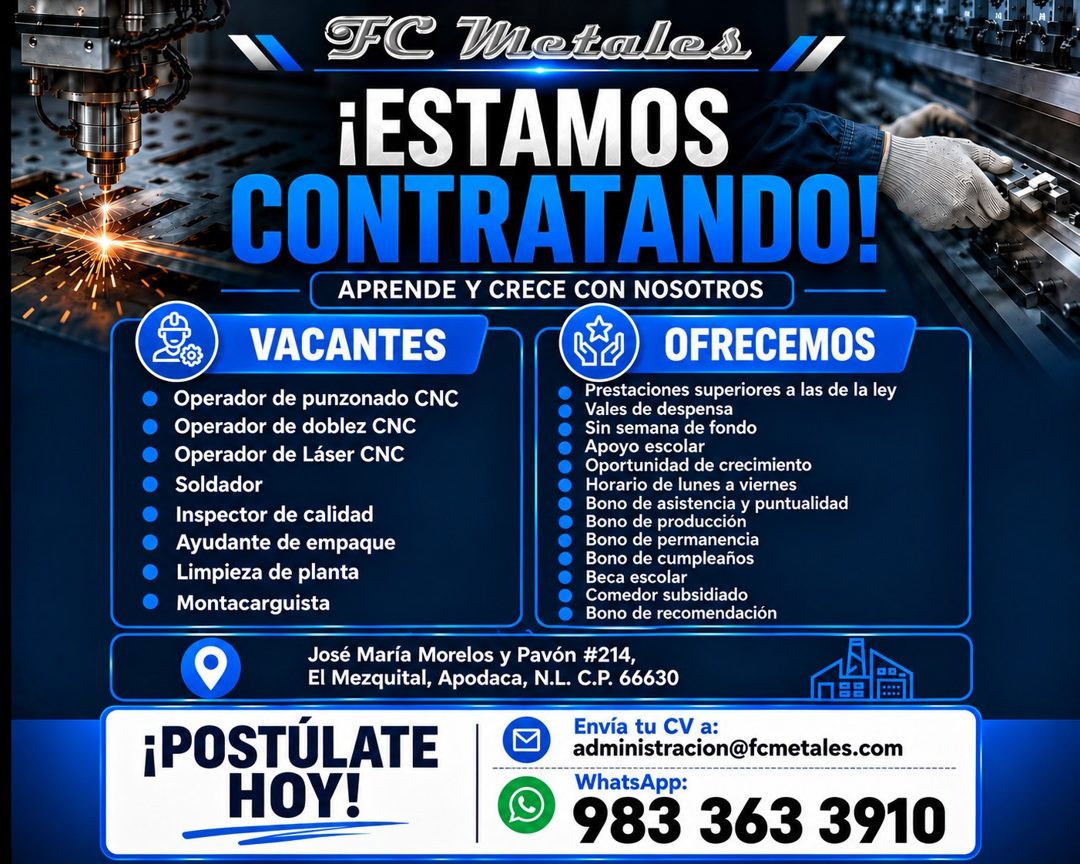 Banner del anuncio de la vacante: FC Wetales · ¡ESTAMOS · CONTRATANDO! · APRENDE Y CRECE CON NOSOTROS · VACANTE · Operador de punzonado CNC · Operador de doblez CNC · Operado