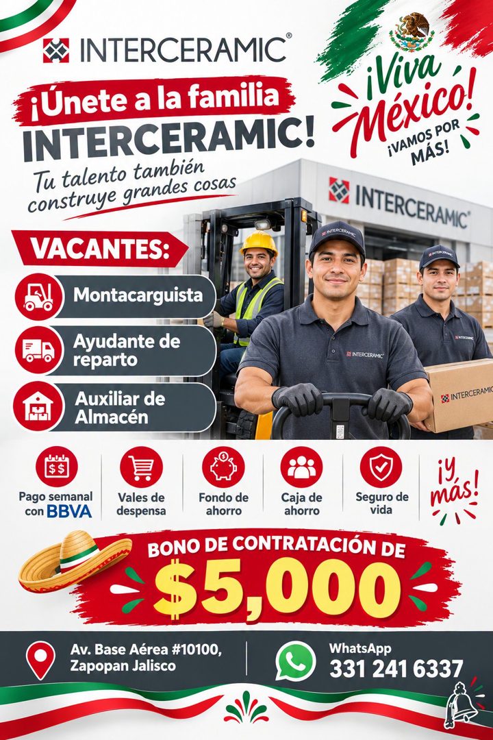Banner del anuncio de la vacante: IX INTERCERAMIC® · ¡Únete a la familia · INTERCERAMIC! · Tu talento también · construye grandes cosas · VACANTES: · Montacarguista · Ayudant