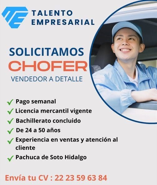 Banner del anuncio de la vacante: TALENTO · EMPRESARIAL · SOLICITAMOS · CHOFER · VENDEDOR A DETALLE · v Pago semanal · V Licencia mercantil vigente · / Bachillerato concluido