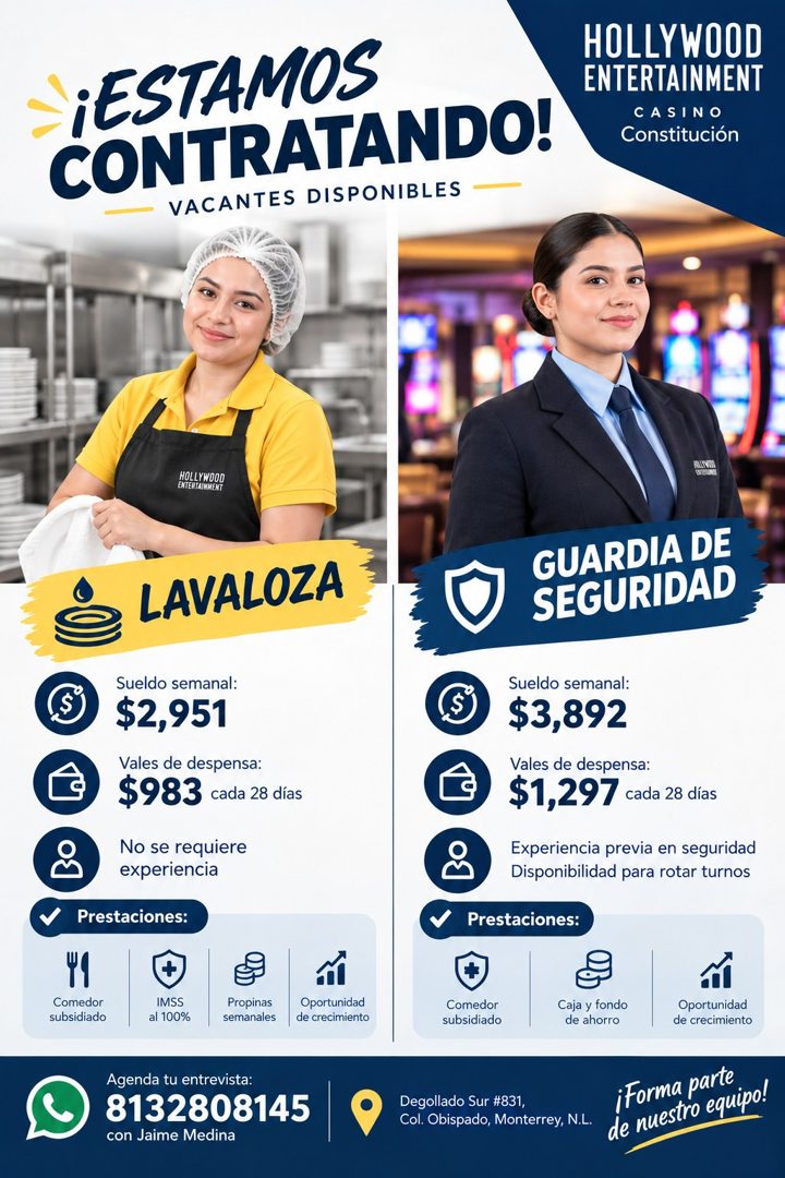 Banner del anuncio de la vacante: ¡ESTAMOS · CONTRATANDO! · VACANTES DISPONIBLES · HOLLYWOOD · ENTERTAINMENT · CASINO · Constitución · HOLLYWOOD · ENTERTAIMHENT · LAVALOZA · 