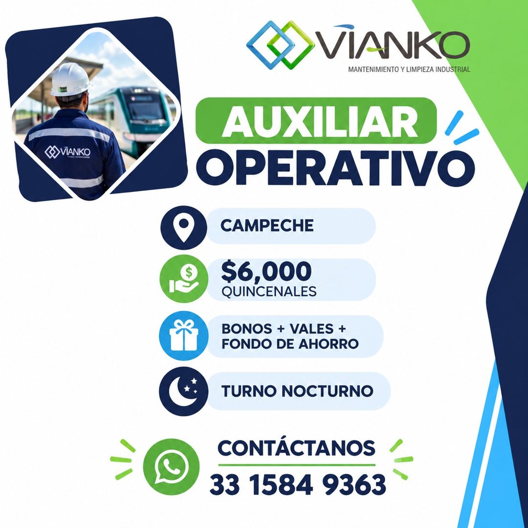 Banner del anuncio de la vacante: < VIANKO · $ · VIANKO · MANTENIMIENTO Y LIMPIEZA INDUSTRIAL · AUXILIAR · OPERATIVO · CAMPECHE · $6,000 · QUINCENALES · BONOS + VALES + · FON
