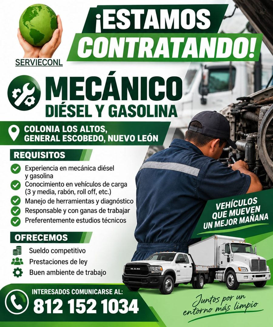 Banner del anuncio de la vacante: ¡ESTAMOS · CONTRATANDO! · SERVIECONL · MECÁNICO · DIÉSEL Y GASOLINA · COLONIA LOS ALTOS, · GENERAL ESCOBEDO, NUEVO LEÓN · REQUISITOS · Exper
