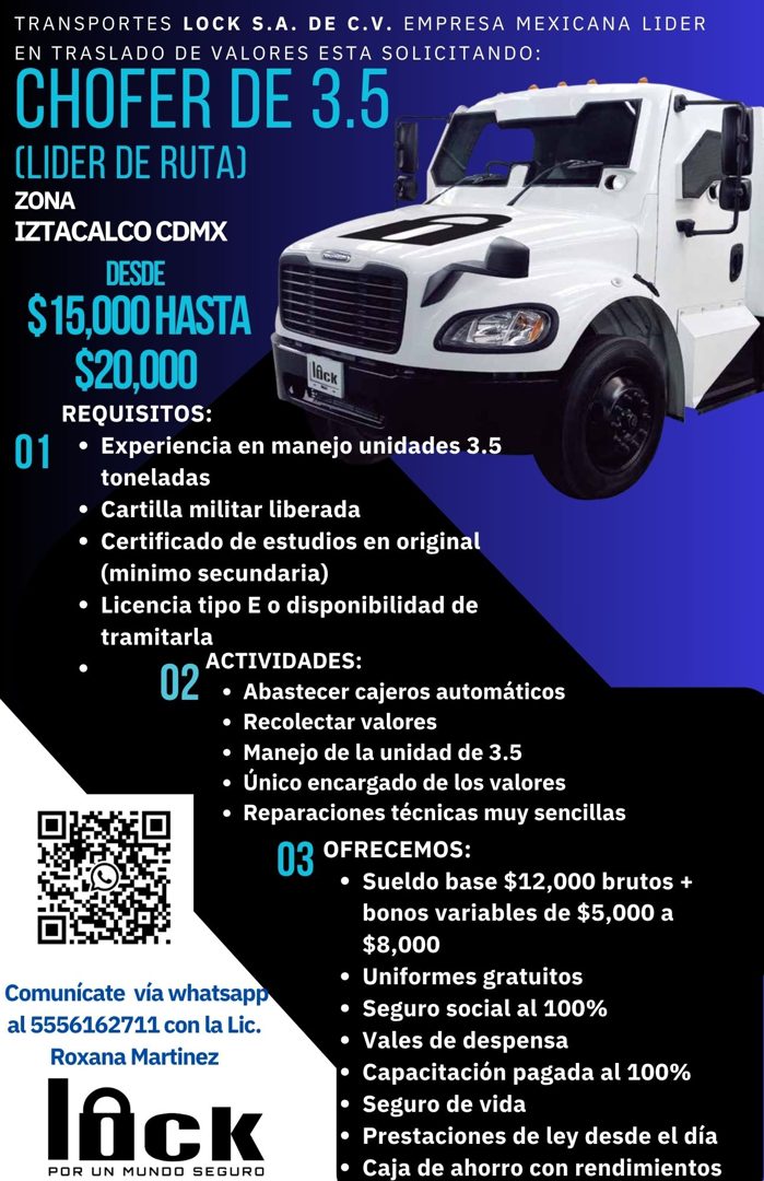 Banner del anuncio de la vacante: TRANSPORTES LOCK S.A. DE C.V. EMPRESA MEXICANA LIDER · EN TRASLADO DE VALORES ESTA SOLICITANDO: · CHOFER DE 3.5 · (LIDER DE RUTA) · ZONA · I