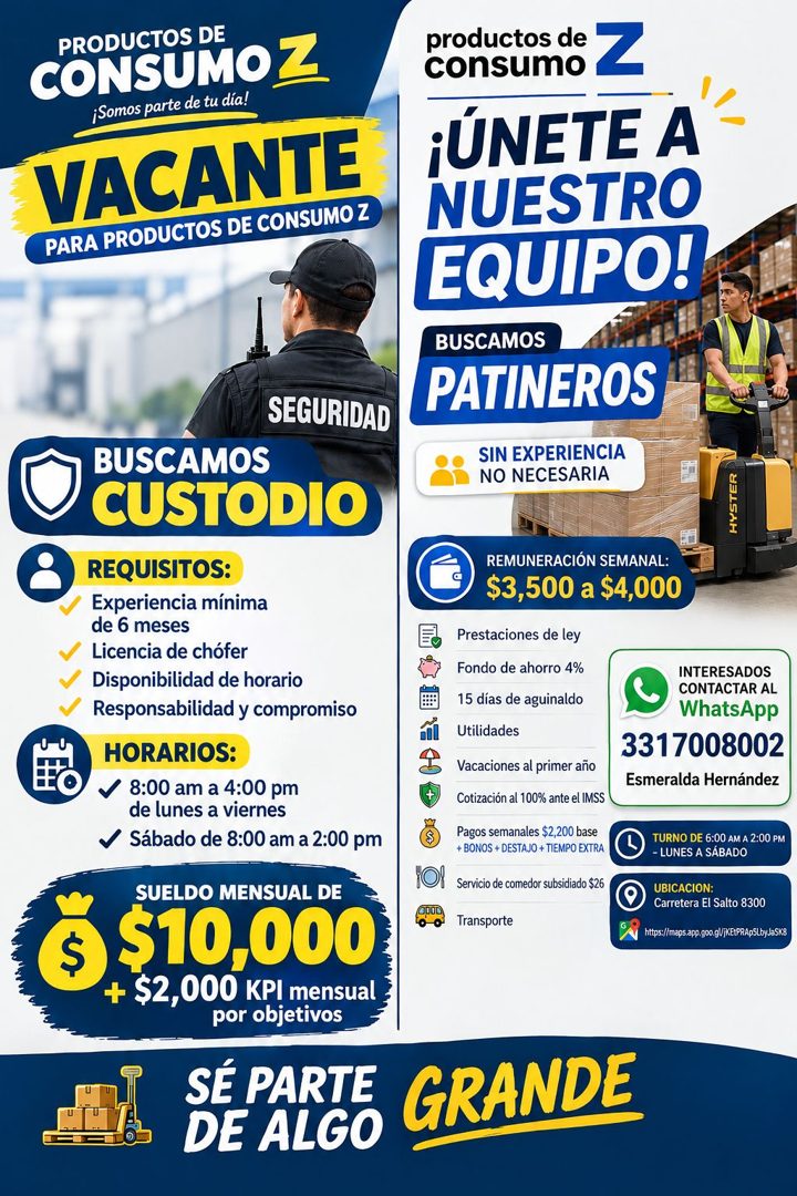 Banner del anuncio de la vacante: PRODUCTOS DE · CONSUMOZ · ¡Somos parte de tu día! · VACANTE · PARA PRODUCTOS DE CONSUMO Z · SEGURIDAD · productos de · consumo · Z · ¡ÚNETE 