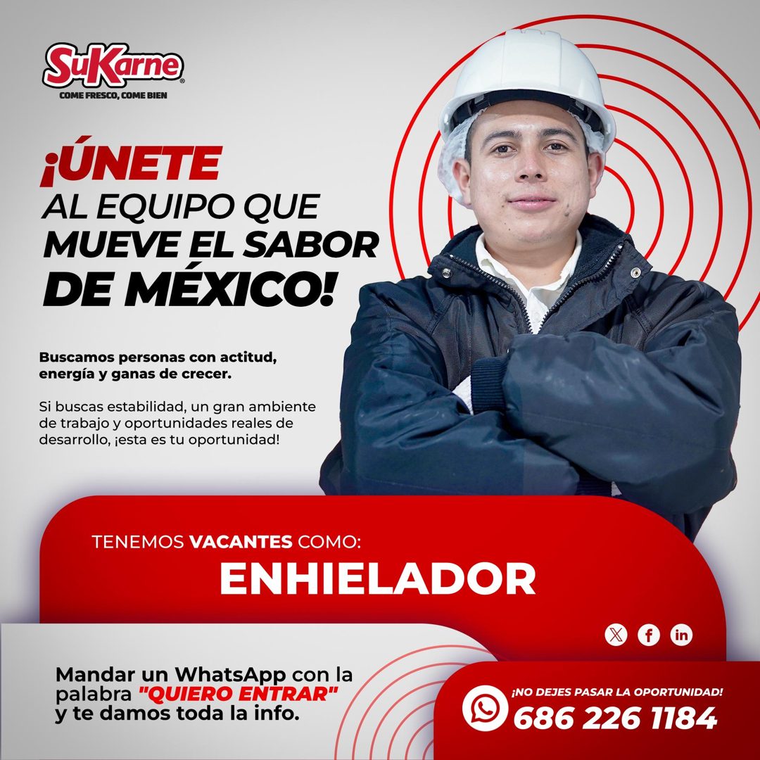 Banner del anuncio de la vacante: SiKarne · COME FRESCO, COME BIEN · ¡ÚNETE · AL EQUIPO QUE · MUEVE EL SABOR · DE MÉXICO! · Buscamos personas con actitud, · energía y ganas d