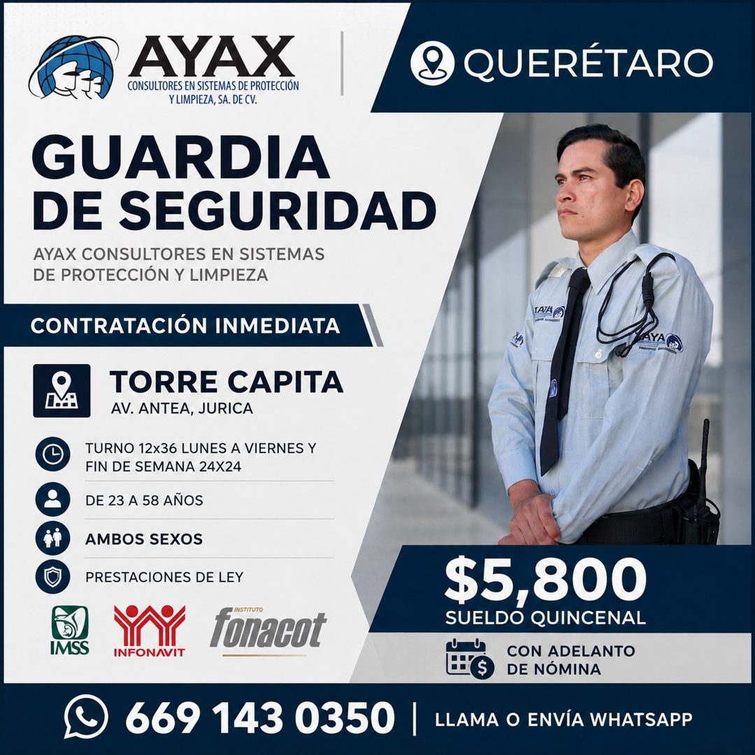 Banner del anuncio de la vacante: AYAX · CONSULTORES EN SISTEMAS DE PROTECCIÓN · Y LIMPIEZA, SA. DE CV. · GUARDIA · DE SEGURIDAD · AYAX CONSULTORES EN SISTEMAS · DE PROTECCIÓ