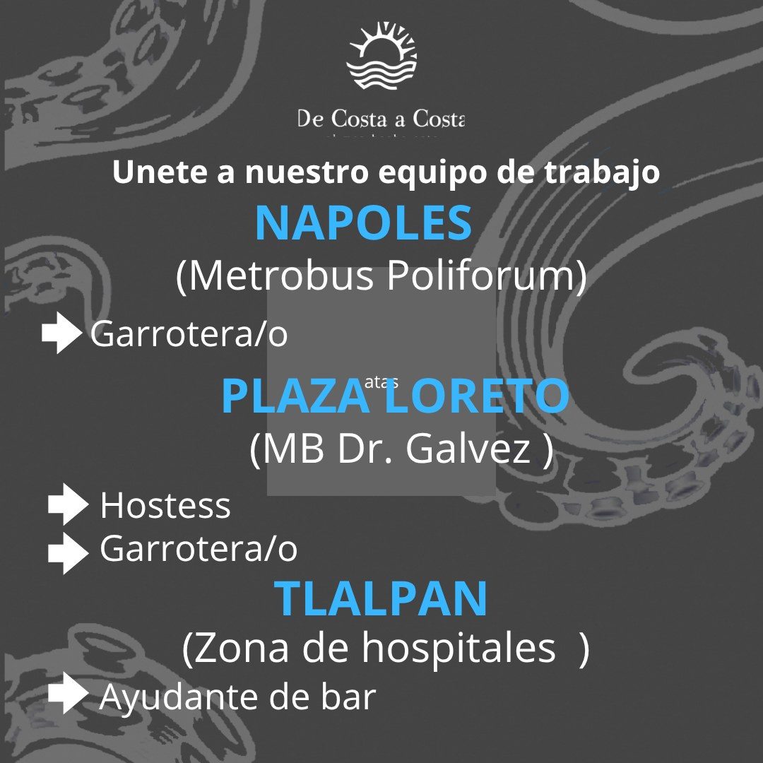 Banner del anuncio de la vacante: De Costa a Costa · Unete a nuestro equipo de trabajo · NAPOLES · (Metrobus Poliforum) · Garrotera/o · PLAZA LORETO · (MB Dr. Galvez ) · Host